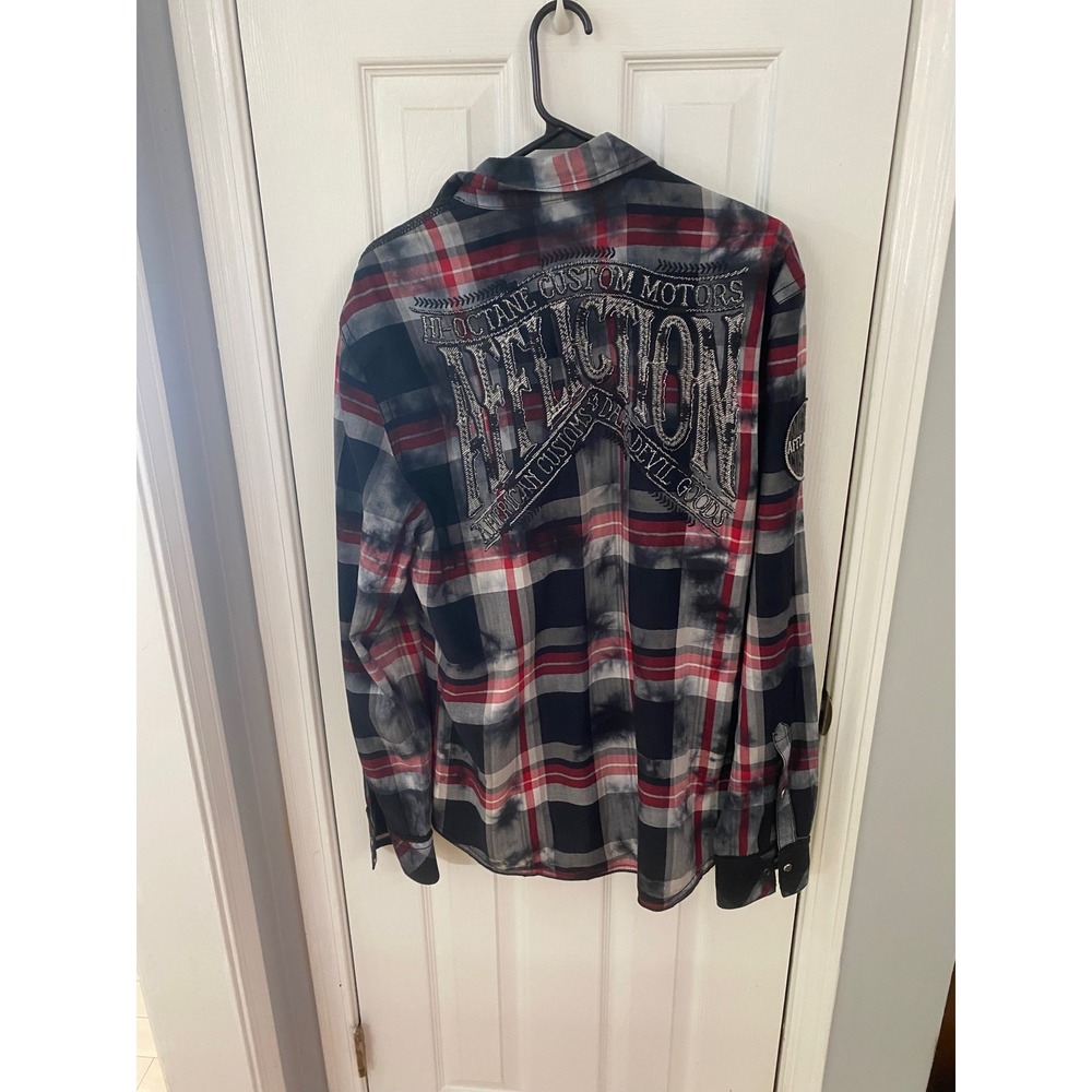 Affliction Button Down Men Large Red Grey Plaid Slim Black Premium Biker Shirt - Picture 8 of 10